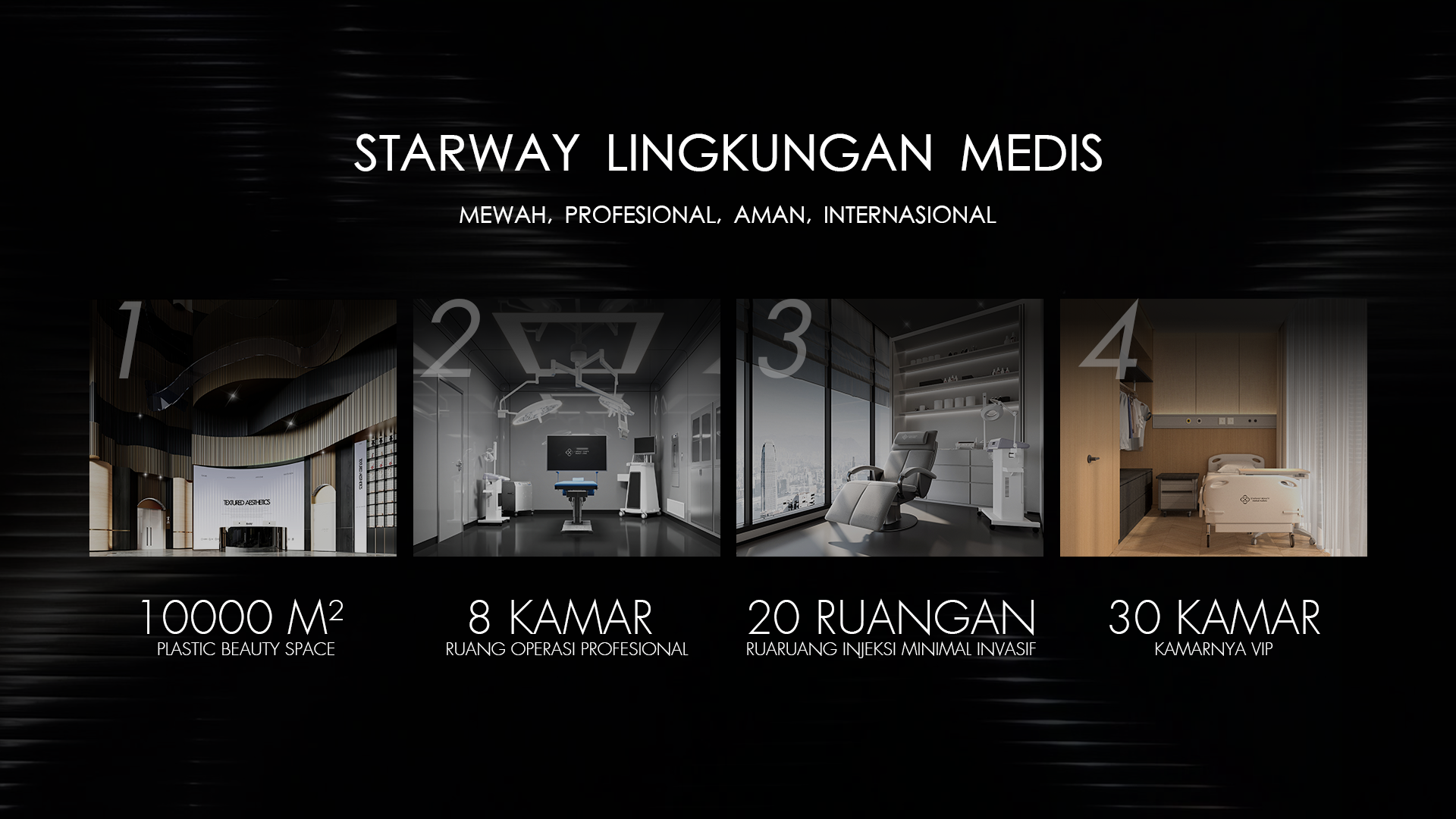 Fasilitas Medis Starway: 10000 m2, 8 Kamar Operasi, 20 Ruangan Injeksi, 30 Kamar VIP